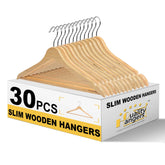 Quality Hangers premium slim wooden hangers highlight space-saving design for organized closets.