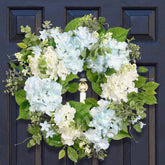 Quixem Spring Wreath hydrangea blooms close-up for front door display.