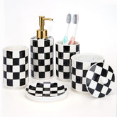 Quuavio ceramic dispenser in black-white checkered pattern for organized bathroom counter