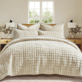 RECYCO luxury velvet quilt closeup shows plush beige texture and sheen