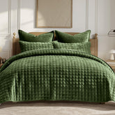 RECYCO Luxury Velvet Quilt front view in loden green showing channel stitching
