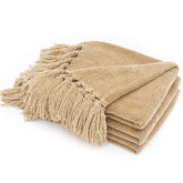 RECYCO soft chenille throw blanket in beige shows plush texture for cozy warmth on the sofa.