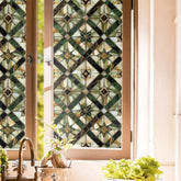 Redamancy boho golden geometric stained-glass window film showing color glow with sunlight