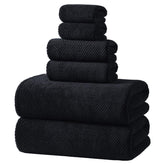 REDKISS 6-piece black towel set neatly stacked for bathroom display.