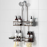 Reinhardt adjustable shower caddy bronze with height-flexible shelves for tall bottles.