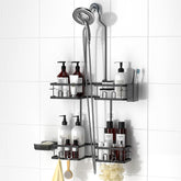 REINHARDT adjustable shower caddy height bracket anchors bottles for tall toiletries.