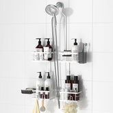 REINHARDT adjustable shower caddy top bracket enables height customization for tall bottles.