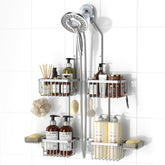 REINHARDT aluminum shower caddy installation showing quick setup and tool-light assembly