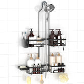 REINHARDT shower caddy over-head design keeps bath essentials easily reachable
