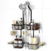 REINHARDT shower caddy over the shower head for easy bottle access