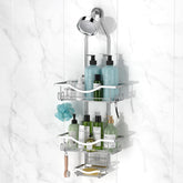 Reinhardt shower caddy over shower head keeps toiletries within easy reach