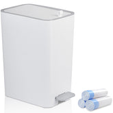 rejomiik small bathroom trash can with lid in white, ideal for tight spaces.