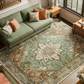RELEANY area rug with floral vintage distress medallion, non-slip backing for safe living spaces.