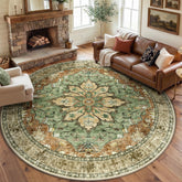 RELEANY area rug brick red medallion close up showing durable, washable fibers for living rooms
