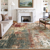 RELEANY washable area rug in living room with abstract pattern and soft underfoot feel.