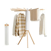 RFOUO tripod drying rack assembled, highlighting the sturdy 16-rod frame for towels and garments.