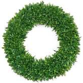 RHTRJ 22-inch boxwood wreath on the front door for welcoming curb appeal.
