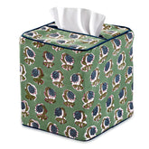 Ridhi Basil green block print tissue box cover conceals a standard box with artisanal charm.