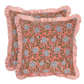 Ridhi block print dark salmon pink 18x18 front view throw pillow cover for stylish living spaces.