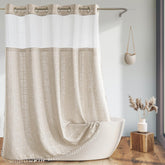 River Dream farmhouse curtain with tassels shows 3D embroidery for rustic bathroom charm.