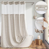 River Dream farmhouse linen curtain with tassels adds rustic charm to bathroom decor.