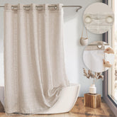 River Dream Farmhouse shower curtain tassels close-up showing boho charm and premium texture.