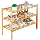 ROMGUAR CRAFT 3-Tier Bamboo Shoe Rack entryway setup provides compact shoe storage and tidy floors.