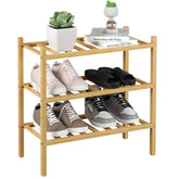 ROMGUAR CRAFT 3-tier bamboo shoe rack, front view, natural finish for organized entryways.