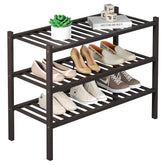 ROMGUAR CRAFT bamboo shoe rack shows a sturdy 3-tier stack for organized entryway storage.