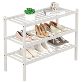 ROMGUAR CRAFT bamboo shoe rack shows stackable design for entryways and compact spaces.