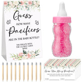 Roowest pink Guess How Many Pacifiers sign for baby shower games.