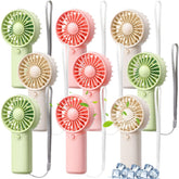 Rossesay 12-pack handheld fans in green, pink, white for versatile cooling.