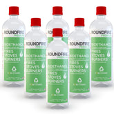 Roundfire Premium 6x1L bottle showing clean burn potential for fireplaces.