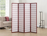 Roundhill Furniture Oriental Shoji 4 Panel Screen Cherry frame diffuses light for privacy.