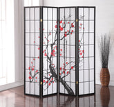 Roundhill Plum Blossom divider with black wood frame, front view for privacy.