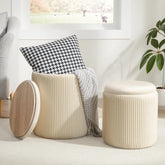 Royal Windsor round storage ottoman set of two demonstrates space-saving design.