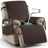 Ruaozz recliner cover front view with handy pockets for remote devices.