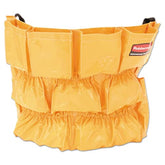 Rubbermaid Brute supply caddy attached to a 32-44 gallon BRUTE can for easy access to cleaning supplies.