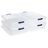 Rubbermaid Cleverstore 42-qt bin with outer dimensions shown for garage storage