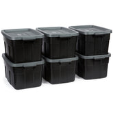 Rubbermaid Roughneck 14 Gal tote with lid stacked for space-saving storage.