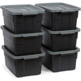 Rubbermaid Roughneck 6-pack tote with closed lid for durable storage.
