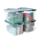 Rubbermaid Roughneck clear attic-storage bin with visible base for quick finds