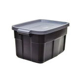 Rubbermaid Roughneck tote 31gal stackable for garage organization and durable storage.