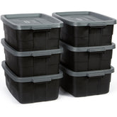 Rubbermaid Roughneck tote front view in six-pack setup for durable storage