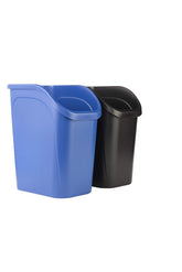 Rubbermaid undercounter trash can 2-pack in blue and black for dual-stream waste.