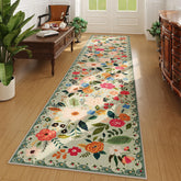 Rugcomf runner in green floral hallway with soft feel and non-slip grip.
