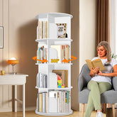 RUNSUNSPRI 4-tier rotating bookshelf tower with 360Β° access for space-saving storage.