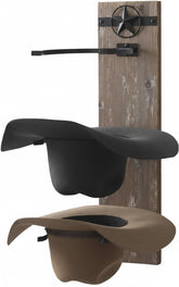 Ryker Ranch Cowboy Hat Rack on wall display showcasing hats and brim protection.