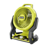 RYOBI RF18-0 cordless fan with carry handle delivering portable cooling for home, campsite, or workshop.