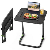SAIJI Foldable TV Tray shows folding action for quick setup beside the sofa